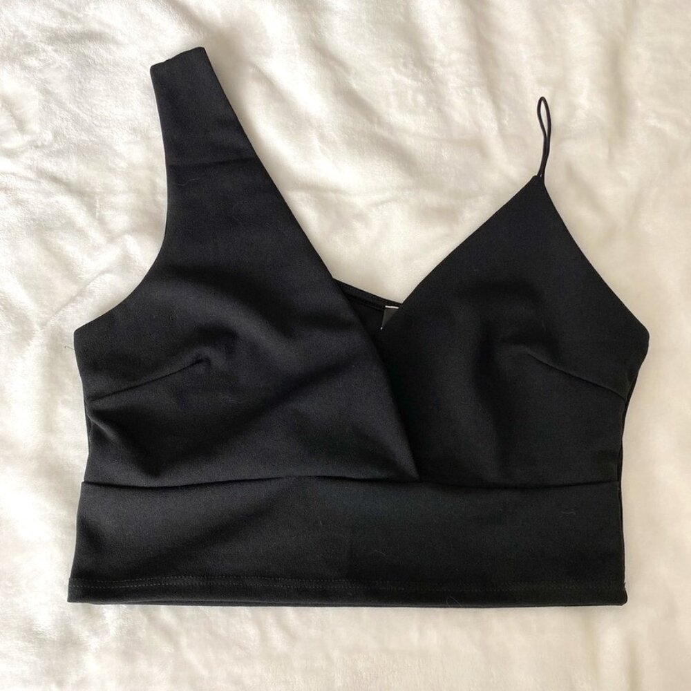 Black asymmetric crop top